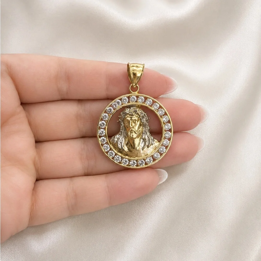 10K 10KT Yellow Gold Cubic Zirconia Jesus Round Men’s Pendant